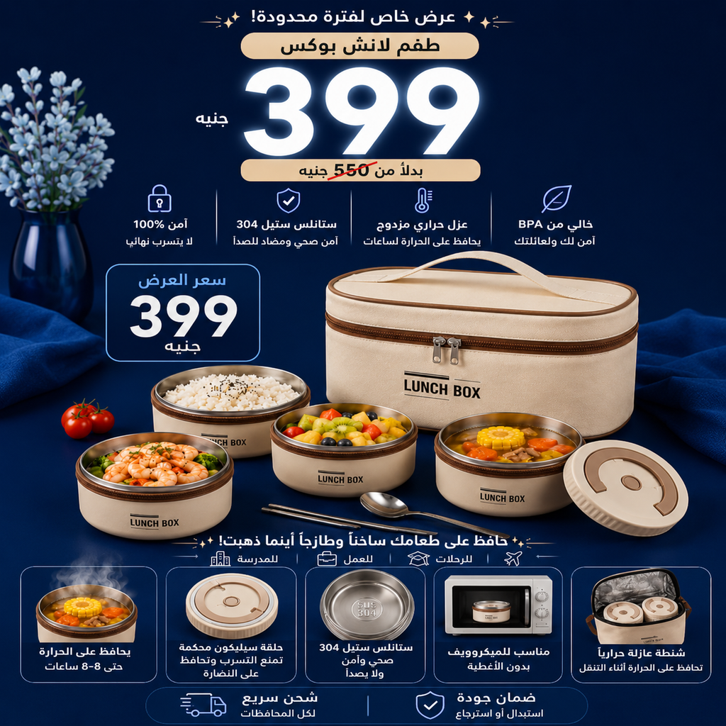 304 Stainless Steel Thermal Lunch Box Set with Insulated Bag - طقم لانش بوكس حراري ستانلس ستيل 304 مع شنطة عازلة